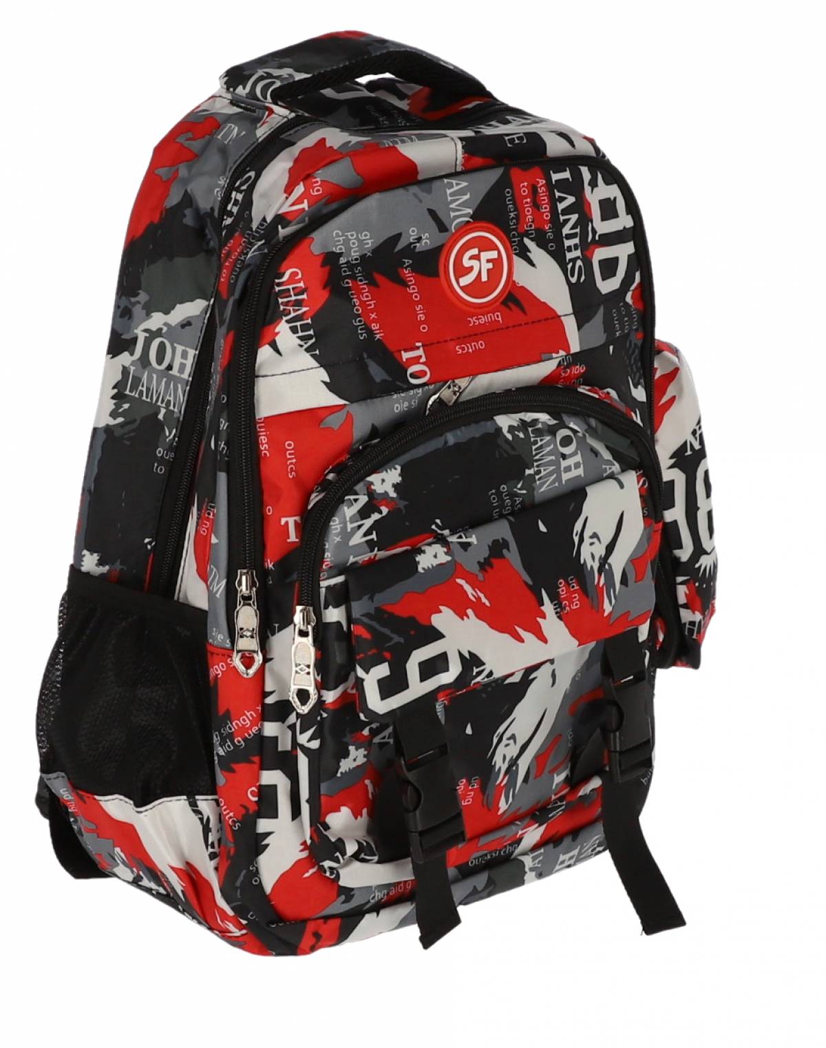 Ghiozdan SF, 4Fermoare 42cm cu penar etui catarame CAMUFLAJ ROSU